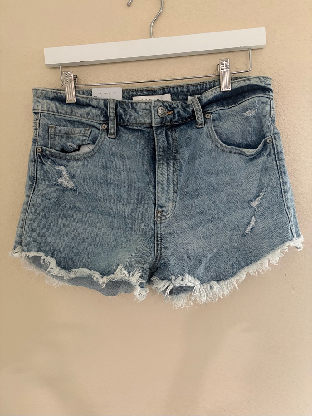 eunina Light Blue Distressed Denim Cutoff Shorts